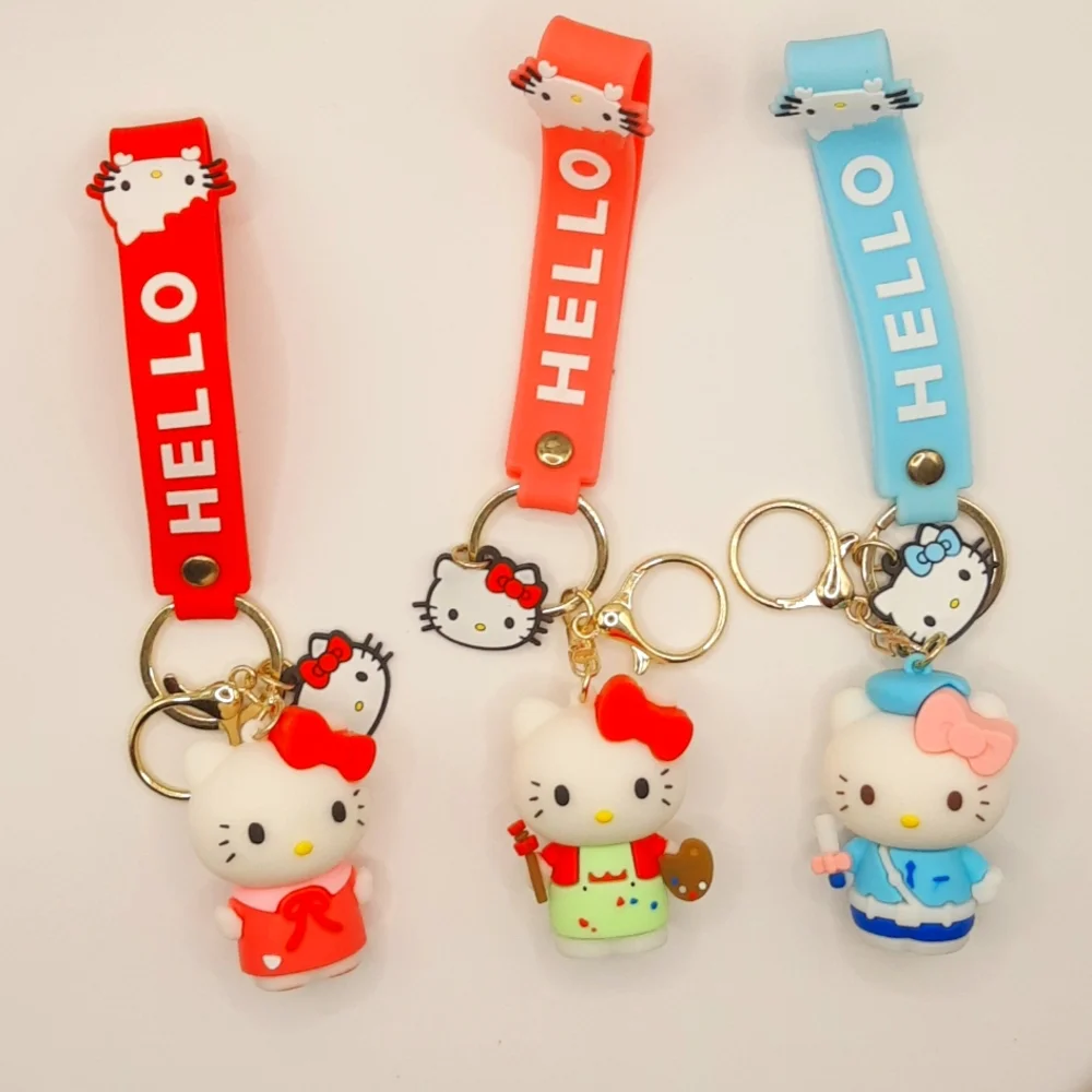 Kawaii Hello Kitty 3D Keychain Bag Charm PendantKeyring Lanyard Car Jewelry 3Pcs